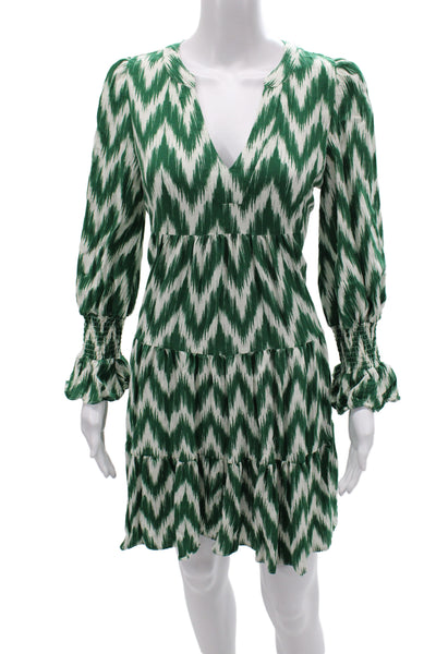 Pomander Place Women Mini Dress Green Chevron V-Neck Long Sleeve Rayon Size S
