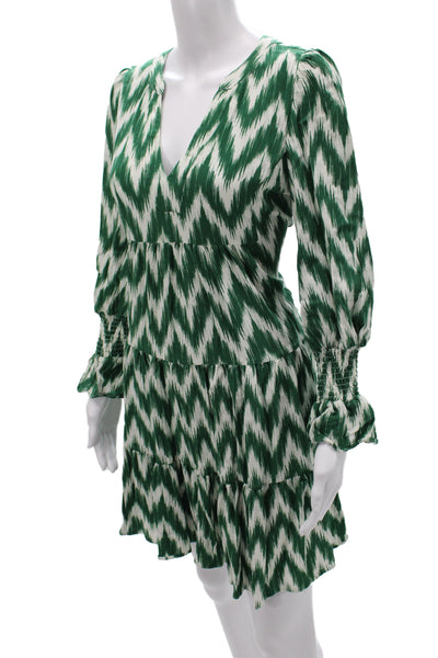 Pomander Place Women Mini Dress Green Chevron V-Neck Long Sleeve Rayon Size S