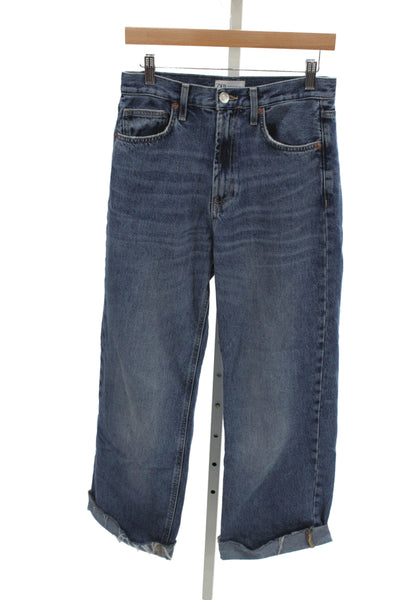 Zara Womens Blue Straight Jeans Mid Rise Button 100% Cotton Size 4