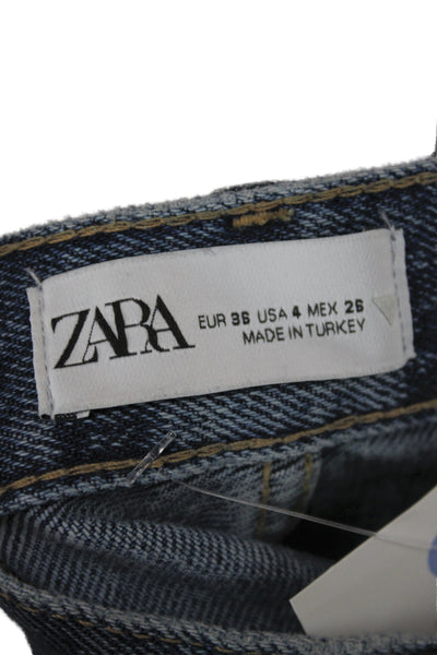 Zara Womens Blue Straight Jeans Mid Rise Button 100% Cotton Size 4