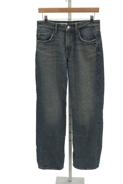 Zara Womens Blue Straight Jeans 100% Cotton Mid Rise Button Size 4