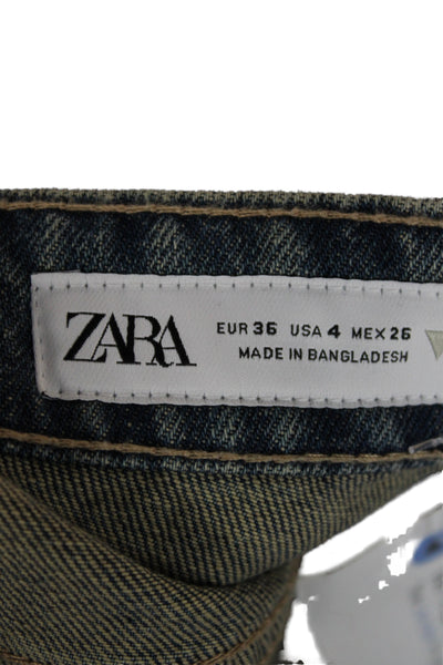 Zara Womens Blue Straight Jeans 100% Cotton Mid Rise Button Size 4