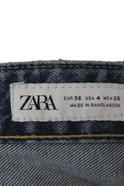 Zara Womens Straight Jeans Blue High Rise Cotton Button Inseam 30 Size 4
