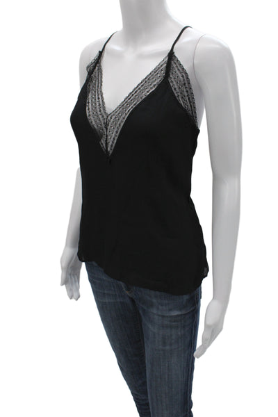 Cami NYC Women Black Silk V Neck Lace Spaghetti Strap Tank Size XS