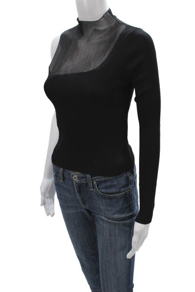 Zara Women Black Mesh Mock Neck Long Sleeve Basic Blouse Pullover Size M
