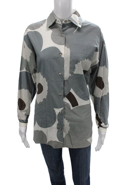 Marimekko Women Floral Cotton Collared Long Sleeve Button-Up Brown Size XS