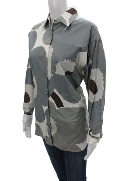 Marimekko Women Floral Cotton Collared Long Sleeve Button-Up Brown Size XS