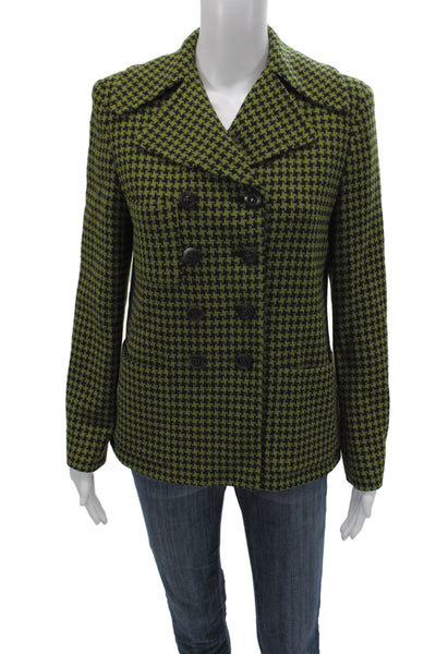 Tahari Womens Pea Coat Green Checked Wool Button Size 6