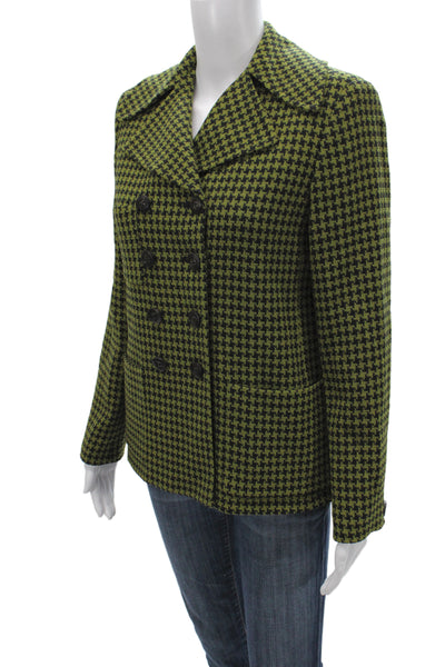 Tahari Womens Pea Coat Green Checked Wool Button Size 6