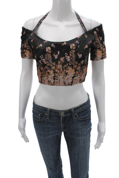 Etro Women Cropped Floral Off Shoulder Blouse Black Short Sleeve Size 40