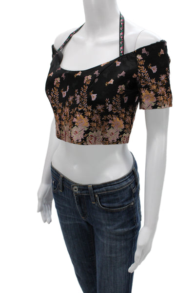 Etro Women Cropped Floral Off Shoulder Blouse Black Short Sleeve Size 40