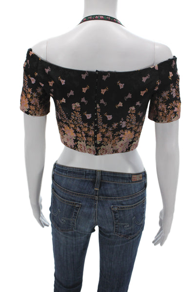 Etro Women Cropped Floral Off Shoulder Blouse Black Short Sleeve Size 40