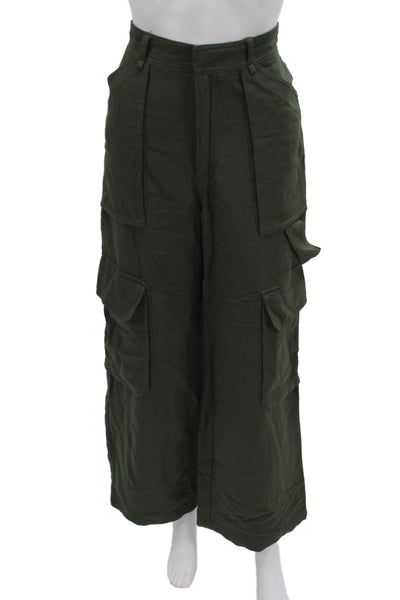 Zara Womens Cargo Pants Green Cotton Button Solid Military Fall Size XS