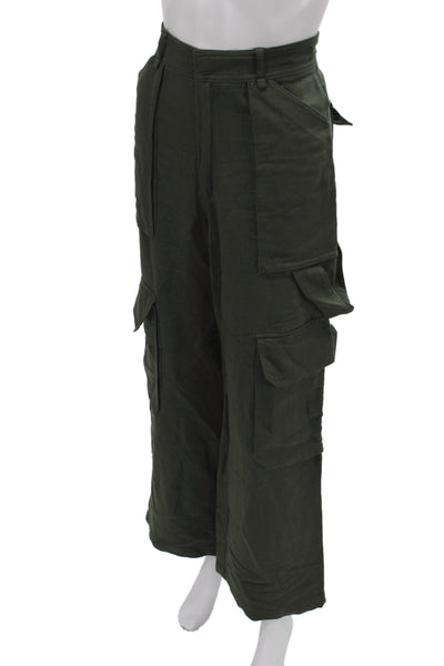 Zara Womens Cargo Pants Green Cotton Button Solid Military Fall Size XS