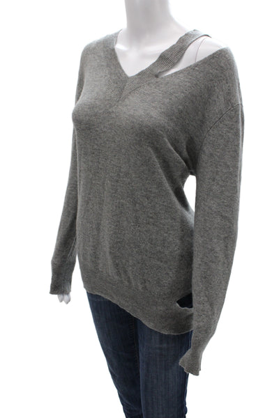 Autumn Cashmere Women Pullover V-Neck 100% Cashmere Gray Long Sleeve Size M