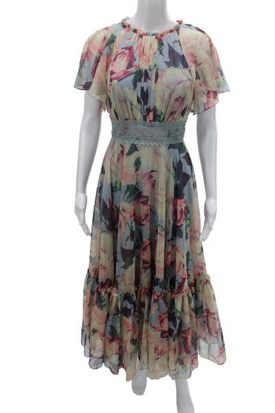 Mac Duggal Women Maxi Dress Blue Floral Mid-Calf Zip Round Neck Size 6