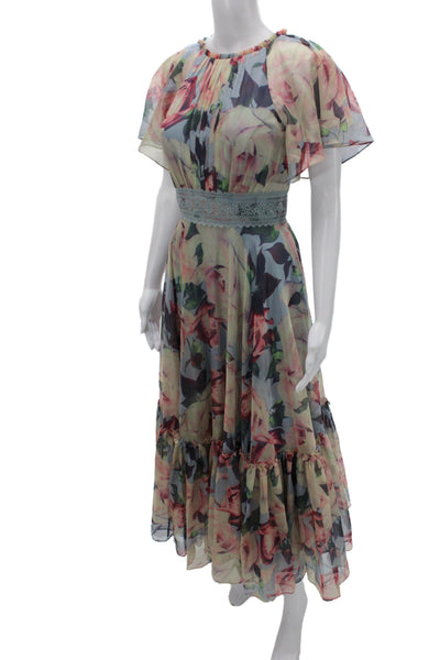 Mac Duggal Women Maxi Dress Blue Floral Mid-Calf Zip Round Neck Size 6
