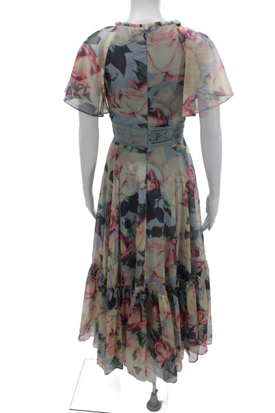 Mac Duggal Women Maxi Dress Blue Floral Mid-Calf Zip Round Neck Size 6