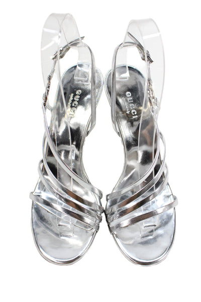 Gucci Womens Leather GG Logo Strappy Stiletto Heels Silver Size 5
