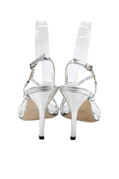 Gucci Womens Leather GG Logo Strappy Stiletto Heels Silver Size 5
