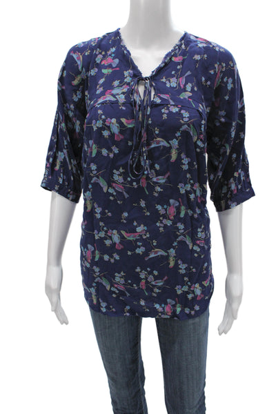 Rebecca Taylor Women Silk Floral Tunic Blouse Blue 3/4 Sleeve Tie Size 0