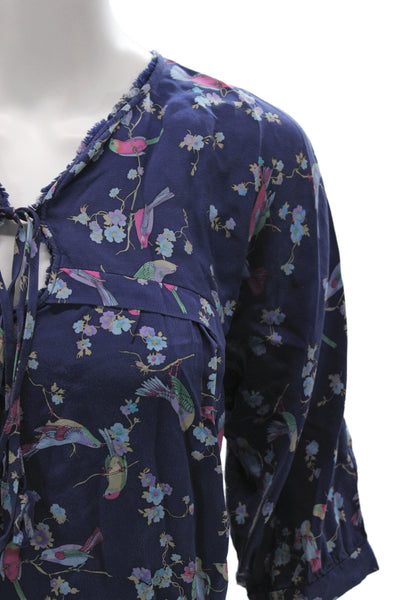 Rebecca Taylor Women Silk Floral Tunic Blouse Blue 3/4 Sleeve Tie Size 0