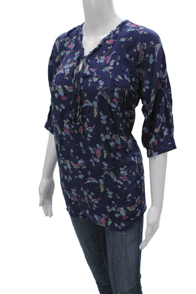 Rebecca Taylor Women Silk Floral Tunic Blouse Blue 3/4 Sleeve Tie Size 0