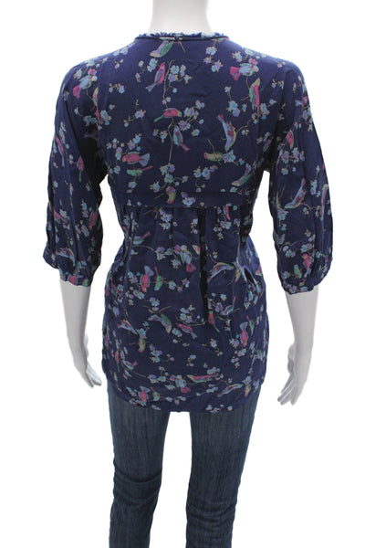 Rebecca Taylor Women Silk Floral Tunic Blouse Blue 3/4 Sleeve Tie Size 0
