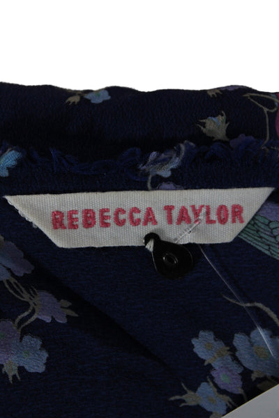 Rebecca Taylor Women Silk Floral Tunic Blouse Blue 3/4 Sleeve Tie Size 0