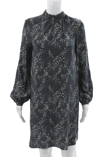 Charlotte Brody Women Silk Black Shift Dress Long Sleeve High Neck Stars Size S