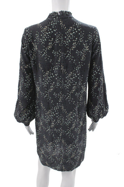 Charlotte Brody Women Silk Black Shift Dress Long Sleeve High Neck Stars Size S