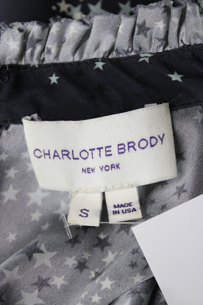 Charlotte Brody Women Silk Black Shift Dress Long Sleeve High Neck Stars Size S