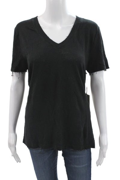 Elan Womens Black Linen V-Neck Short Sleeve Basic T-Shirt Size M