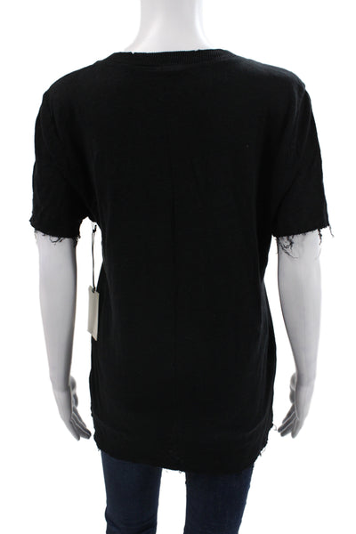 Elan Womens Black Linen V-Neck Short Sleeve Basic T-Shirt Size M
