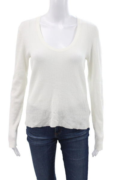 James Perse Women Basic Linen Scoop Neck Long Sleeve T-Shirt White Size 3