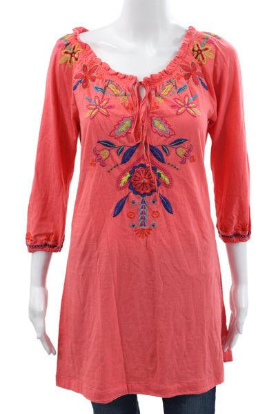 JW Los Angeles Women Pink Floral Tunic Blouse Scoop 3/4 Sleeve Cotton Size XS
