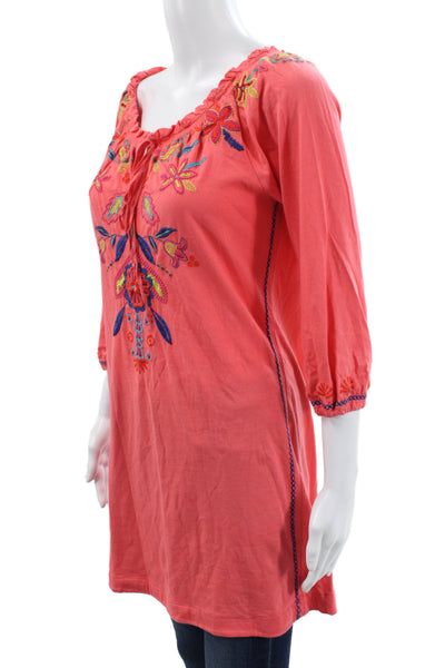 JW Los Angeles Women Pink Floral Tunic Blouse Scoop 3/4 Sleeve Cotton Size XS