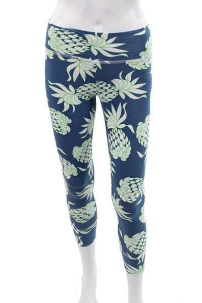 Letarte Women Capri Leggings Blue Geometric Pineapple 80% Nylon Size S