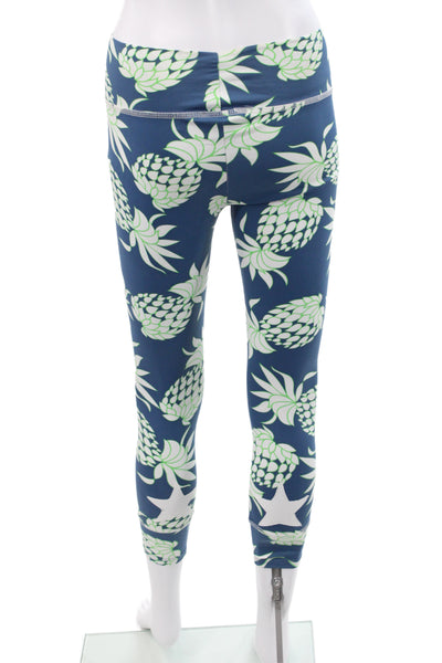 Letarte Women Capri Leggings Blue Geometric Pineapple 80% Nylon Size S