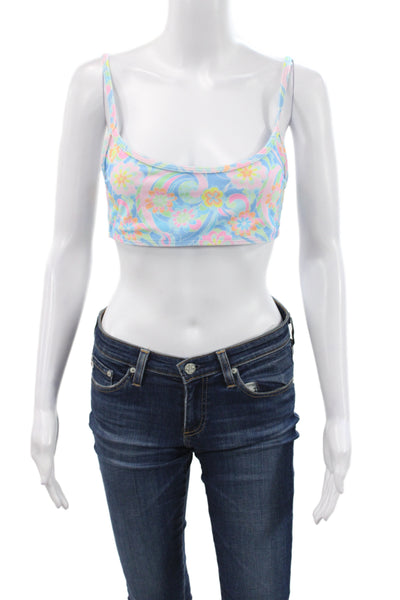 Frankies Bikinis Womens Cropped Floral Scoop Neck Blue Polyester Tank Size XL
