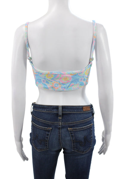Frankies Bikinis Womens Cropped Floral Scoop Neck Blue Polyester Tank Size XL
