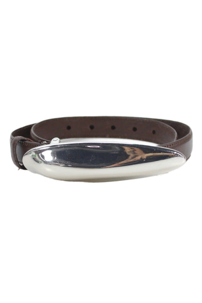 Anthropologie Womens Leather Silver-Tone Buckle Skinny Belt Brown Size Small