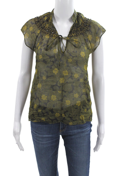 Theory Womens Tunic Blouse Green V-Neck Tie 100% Cotton Floral Size S