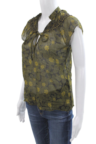 Theory Womens Tunic Blouse Green V-Neck Tie 100% Cotton Floral Size S