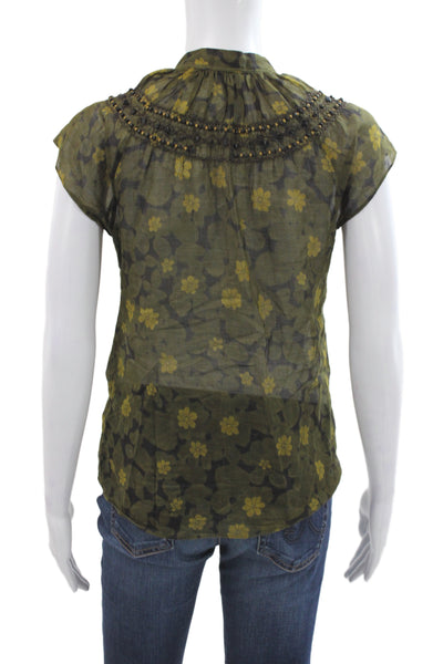 Theory Womens Tunic Blouse Green V-Neck Tie 100% Cotton Floral Size S