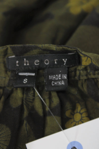 Theory Womens Tunic Blouse Green V-Neck Tie 100% Cotton Floral Size S