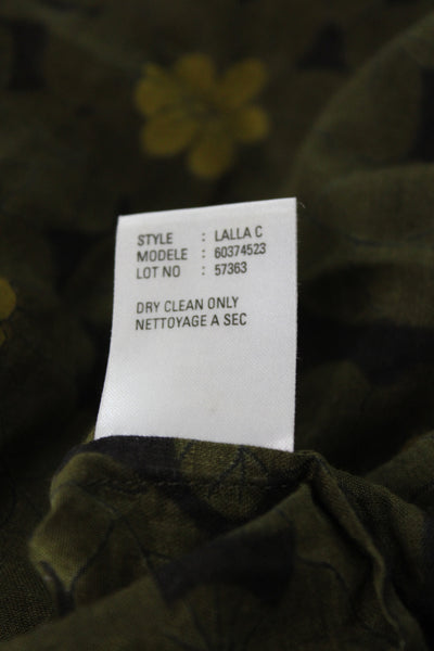 Theory Womens Tunic Blouse Green V-Neck Tie 100% Cotton Floral Size S