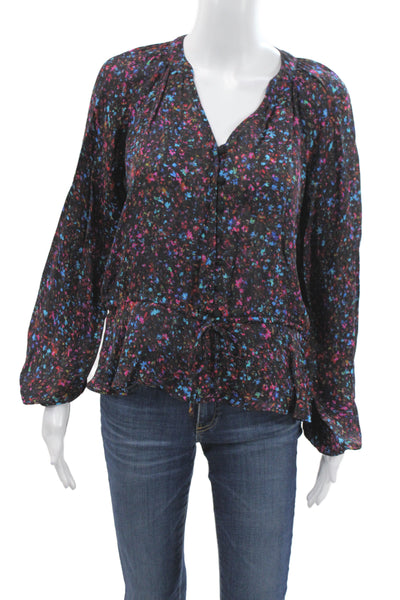 Parker Womens Tunic Black Floral V Neck Long Sleeve Silk Blend Size 2XS