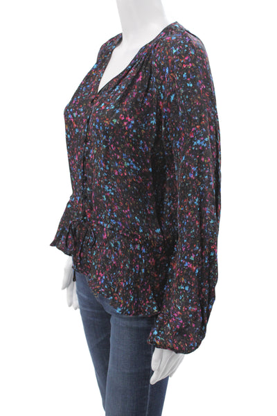 Parker Womens Tunic Black Floral V Neck Long Sleeve Silk Blend Size 2XS