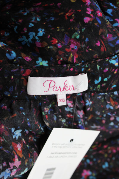 Parker Womens Tunic Black Floral V Neck Long Sleeve Silk Blend Size 2XS